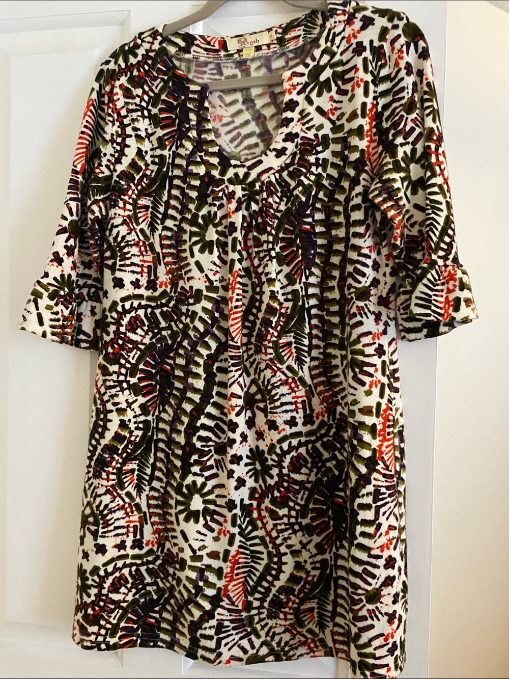Aryeh Olive, Rust & Black Abstract Botanical Mini Dress